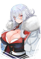 Rule 34 | 1girl, absurdres, azur lane, blush, breasts, cleavage cutout, cloak, clothing cutout, fur collar, fur trim, graf zeppelin (azur lane), hair between eyes, hey taisyou, highres, large breasts, long hair, looking at viewer, red eyes, silver hair, simple background, solo, upper body, white background