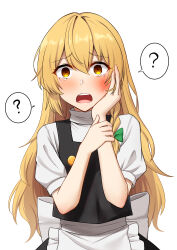 Rule 34 | 1girl, ?, absurdres, abuse, apron, black vest, blonde hair, blush, bow, braid, commentary request, hair bow, highres, injury, kirisame marisa, long hair, looking at viewer, no headwear, open mouth, puffy short sleeves, puffy sleeves, short sleeves, side braid, simple background, single braid, slap mark, slap mark on face, solo, spoken question mark, surprised, tearing up, tears, teeth, touhou, upper body, upper teeth only, vest, waist apron, waist bow, white background, yamajun (junyamaekaki), yellow eyes