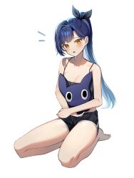 Rule 34 | 1girl, absurdres, bad id, bad twitter id, black bow, black shorts, black tank top, blue hair, blush, bow, breasts, cleavage, collarbone, hair bow, highres, holding, holding stuffed toy, large breasts, lilpa, long hair, looking at viewer, open mouth, own hands together, seiza, short shorts, shorts, sidelocks, simple background, sitting, solo, stuffed animal, stuffed toy, sugar (dndi888), tank top, virtual youtuber, waktaverse, white background, yellow eyes