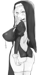 Rule 34 | 1girl, ass, berserkert, blush, breasts, butt crack, cross, greyscale, habit, hair between eyes, highres, large breasts, long hair, long sleeves, looking at viewer, looking back, mole, mole under eye, monochrome, nun, original, simple background, solo, thighhighs, white background