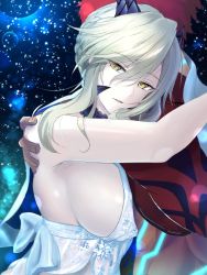Rule 34 | 1boy, 1girl, abs, amasato c, armor, artoria pendragon (fate), artoria pendragon (lancer alter) (fate), artoria pendragon (lancer alter) (royal icing) (fate), blonde hair, blue bow, blue flower, blue rose, bow, braid, breasts, cape, choker, dark persona, emiya shirou, fate/grand order, fate/stay night, fate (series), flower, french braid, gloves, hair between eyes, hand on back, highres, horns, hug, igote, japanese armor, katana, kusazuri, large breasts, limited/zero over, lingerie, long hair, long sleeves, looking at viewer, magic circuit, muscular, official alternate costume, parted lips, raglan sleeves, red hair, revealing clothes, rose, scar, see-through, short hair, sidelocks, smile, snowflake print, sword, tagme, underboob, underwear, weapon, white cape, yellow eyes