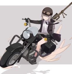 Rule 34 | 1girl, backpack, bag, black necktie, black skirt, bolt action, cheytac m200, collared shirt, commentary request, full body, girls&#039; frontline, goggles, goggles on headwear, grey background, grey hair, gun, gun on back, hair between eyes, helmet, highres, kino no tabi, looking at viewer, m200 (girls&#039; frontline), motor vehicle, motorcycle, motorcycle helmet, necktie, panties, ponytail, purple eyes, riding, rifle, ririo (mitsumatario), shirt, shoes, simple background, skirt, sniper rifle, solo, underwear, weapon, weapon on back, white panties, white shirt