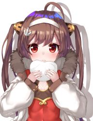 Rule 34 | 1girl, :t, ahoge, anchor hair ornament, azur lane, baozi, blush, breasts, brown hair, china dress, chinese clothes, cleavage cutout, closed mouth, clothing cutout, coat, dress, eating, closed eyes, food, fur trim, hair ornament, hairband, highres, holding, holding food, long hair, long sleeves, looking at viewer, multicolored hair, open clothes, open coat, ping hai (azur lane), purple hair, red dress, red eyes, shadow, simple background, small breasts, solo, tareme, twintails, two-tone hair, upper body, white background, white coat, white hairband, yuuki nao (pixiv10696483)