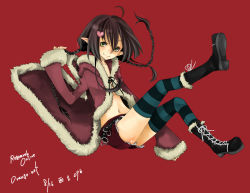 Rule 34 | 1girl, ahoge, belt, black belt, black footwear, black thighhighs, blue thighhighs, blush, boots, braid, brown hair, closed mouth, commentary request, copyright name, dated, flat chest, full body, fur-trimmed jacket, fur-trimmed shorts, fur trim, green eyes, hair between eyes, hair ornament, heart, heart hair ornament, jacket, long hair, long sleeves, looking at viewer, navel, pointy ears, ragnarok online, red background, red jacket, red shorts, rogue (ragnarok online), short shorts, shorts, simple background, smile, solo, striped clothes, striped thighhighs, thighhighs, twin braids, twintails, yutsuki