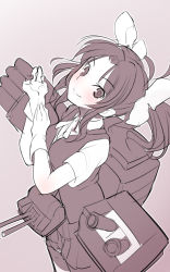 Rule 34 | 10s, 1girl, adjusting clothes, adjusting gloves, ahoge, bike shorts, bike shorts under skirt, blush, female focus, gloves, gradient background, hair ornament, hair ribbon, highres, kagerou (kancolle), kantai collection, long hair, looking at viewer, machinery, monochrome, neck ribbon, ribbon, school uniform, shiba nanasei, short sleeves, shorts, shorts under skirt, simple background, skirt, smile, solo, spot color, torpedo, turret, twintails