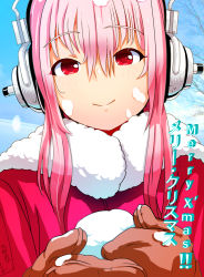 Rule 34 | 1girl, absurdres, alcoholrang, bad id, bad pixiv id, blush, coat, gloves, headphones, highres, long hair, nitroplus, pink hair, red eyes, smile, snow, snowball, solo, super sonico, winter clothes, winter coat