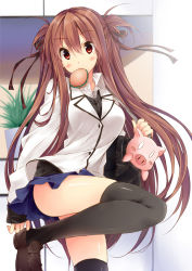 Rule 34 | 1girl, bag, black thighhighs, blush, brown hair, burger, cardigan, food, hair ribbon, highres, kuwashima rein, leg up, loafers, long hair, looking at viewer, mouth hold, original, pig, pleated skirt, red eyes, ribbon, school bag, shoes, skirt, sleeves past wrists, solo, thighhighs, tororo inniina, two side up, very long hair
