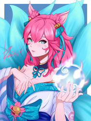 Rule 34 | 1girl, absurdres, ahri (league of legends), animal ears, bell, blue ribbon, blue tail, breasts, choker, cleavage, eyeshadow, facial mark, fox ears, fox girl, fox tail, hair bell, hair between eyes, hair ornament, hair ribbon, hands up, highres, hitodama, japanese clothes, kimono, kyuubi, large breasts, league of legends, lips, long hair, looking at viewer, makeup, multiple tails, neck ribbon, orb, parted lips, pink hair, ribbon, slit pupils, solo, spirit blossom ahri, tail, upper body, vastaya, wangali12345, whisker markings, white kimono