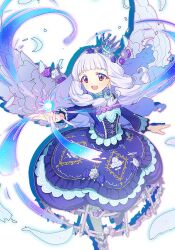Rule 34 | 1girl, :d, aikatsu! (series), aikatsu stars!, blue dress, blue flower, blue rose, blunt bangs, commentary request, crown, dress, drill hair, flower, frilled dress, frills, from above, hair flower, hair ornament, lolita fashion, long hair, long sleeves, open mouth, outstretched arm, purple flower, purple rose, red eyes, rose, shirogane lily, smile, solo, standing, thorns, very long hair, white background, white flower, white hair, white rose, white wings, wings, yuniwo