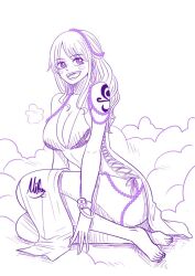 Rule 34 | 1girl, bracelet, cocktail dress, dress, jewelry, lineart, mifenami, nami (one piece), one piece, open mouth, pelvic curtain, shoulder tattoo, tattoo, thighs
