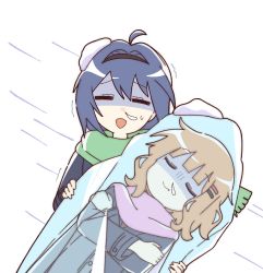 Rule 34 | 2girls, ahoge, blue coat, blue hair, blush, buttons, closed eyes, closed mouth, coat, cold, commentary request, crossed arms, facing viewer, fang, fang out, frozen, furutani himawari, goron (phde2424), green scarf, hair ornament, hairclip, highres, ice, light brown hair, long hair, long sleeves, multiple girls, oomuro-ke, oomuro sakurako, open mouth, pink scarf, scarf, smile, snot, snow, snow on head, trembling, winter clothes, yuru yuri