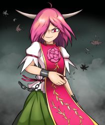 Rule 34 | &gt;:), 1girl, ahoge, blouse, chain, commentary, cowboy shot, cuffs, dark background, english commentary, fingernails, flower, giantcavemushroom, gradient background, grey background, hair over one eye, highres, horns, ibaraki douji&#039;s arm, leaf, looking at viewer, maple leaf, medium hair, pink hair, puffy short sleeves, puffy sleeves, red eyes, revision, rose, shackles, sharp fingernails, shirt, short sleeves, skirt, slit pupils, smug, solo, spoilers, tabard, touhou, v-shaped eyebrows, wild and horned hermit, wind