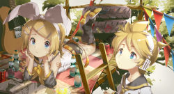 Rule 34 | 1boy, 1girl, :/, arm tattoo, blonde hair, blue eyes, book, bottle, bow, brother and sister, can, detached sleeves, drink can, electric guitar, guitar, hair bow, hair ornament, hairclip, head rest, headphones, headset, instrument, kagamine len, kagamine rin, ladder, leaf, leg warmers, lying, manga (object), nail polish, necktie, number tattoo, o3o, on stomach, pennant, puckered lips, reading, sailor collar, sawashi (ur-sawasi), shirt, short ponytail, shorts, siblings, sleeveless, sleeveless shirt, soda can, tattoo, tire, tree, treehouse, twins, vocaloid, yellow nails, yellow neckwear