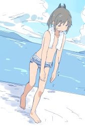 Rule 34 | 1girl, barefoot, blue one-piece swimsuit, blue sky, brown hair, closed eyes, clothes pull, cloud, day, full body, hair ornament, highres, i-401 (kancolle), kantai collection, mountainous horizon, ocean, one-piece swimsuit, one-piece swimsuit pull, outdoors, ponytail, school uniform, short hair, sky, solo, swimsuit, topless, towel, towel around neck, wachi (hati1186), wet