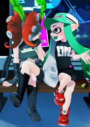 Rule 34 | 2girls, armor, bench, bike shorts, black footwear, boots, breastplate, cross-laced footwear, crossed legs, elbow gloves, fang, fingerless gloves, gloves, goggles, green hair, highres, inkling, inkling girl, inkling player character, knee boots, lace-up boots, leg up, long hair, looking at another, mask, multiple girls, nintendo, open mouth, pointy ears, raikado, red hair, seaweed, shirt, shoes, short hair, sitting, smile, sneakers, splatoon (series), splatoon 1, t-shirt, takozonesu, talking, tentacle hair