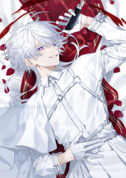 Rule 34 | 1boy, antenna hair, arm up, blood, colored eyelashes, commentary request, copyright request, gloves, grin, hair between eyes, half gloves, holding, holding knife, jacket, knife, long sleeves, looking at viewer, male focus, o-ring, original, petals, purple eyes, ryuuki (hydrangea), smile, solo, white gloves, white hair, white jacket