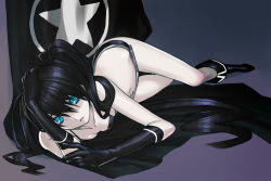 Rule 34 | 10s, 1girl, black hair, black rock shooter, black rock shooter (character), black theme, blue eyes, boots, gloves, hand on own head, long hair, lying, on side, pale skin, sakamoto mineji, scar, solo, twintails