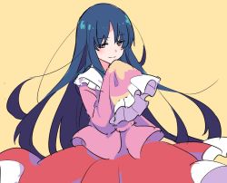Rule 34 | 00tea, 1girl, black hair, brown eyes, commentary request, frilled sleeves, frills, hand up, houraisan kaguya, long hair, long sleeves, one-hour drawing challenge, pink shirt, red skirt, shirt, skirt, sleeves past fingers, sleeves past wrists, smile, solo, touhou, upper body, yellow background