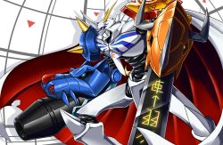 Rule 34 | arm cannon, armor, blue eyes, cannon, cape, digimon, digimon (creature), epic, fangs, glowing, glowing eyes, hawe king, highres, horns, monster, no humans, omegamon, royal knights, solo, spikes, sword, weapon, yellow eyes