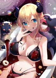 Rule 34 | 1girl, bad id, bad pixiv id, bathtub, bikini, black bikini, blonde hair, blue eyes, blurry, blush, breasts, candy, cat, chocolate syrup, demon girl, demon horns, demon tail, demon wings, depth of field, dessert, doughnut, food, food on body, food on breasts, food on face, hair between eyes, hair rings, highres, hololive, horns, large breasts, licking, licking finger, looking to the side, multi-strapped bikini, navel, nidaime (doronbo), pointy ears, pouring, sidelocks, solo, stomach, strap gap, string bikini, swimsuit, tail, valentine, virtual youtuber, wings, yuzuki choco, yuzuki choco (hololive summer 2019)