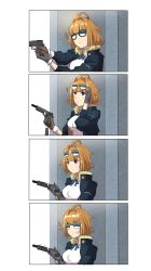 Rule 34 | 1girl, 4koma, absurdres, anger vein, angry, aviator sunglasses, blush, brown hair, comic, eyewear on head, fur trim, girls&#039; frontline, gloves, grizzly mkv (girls&#039; frontline), gun, handgun, highres, jacket, l.a.r. manufacturing, lar grizzly win mag, messy hair, purple eyes, solo, sunglasses, trembling, weapon, xiujia yihuizi