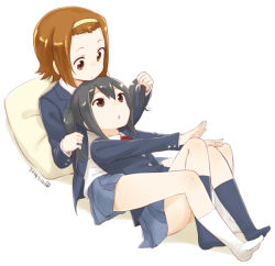 Rule 34 | 2014, 2girls, black hair, black legwear, blazer, blue legwear, brown eyes, brown hair, dated, full body, hairband, jacket, k-on!, long hair, looking at another, lying on person, multiple girls, nagian, nakano azusa, no shoes, open jacket, open clothes, open jacket, playing with another&#039;s hair, red eyes, school uniform, short hair, signature, sitting, skirt, socks, tainaka ritsu, twintails, white legwear