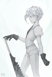 Rule 34 | 1other, androgynous, antarcticite, black gloves, black necktie, colored skin, commentary, crystal hair, english commentary, from side, gem uniform (houseki no kuni), gloves, grey hair, hand up, highres, houseki no kuni, lemoneto, looking at viewer, necktie, other focus, profile, puffy short sleeves, puffy sleeves, saw, saw cleaver, short hair, short sleeves, sideways glance, simple background, standing, weapon, white background, white eyes, white hair, white skin