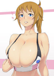 Rule 34 | 10s, 1girl, ao madoushi, bare shoulders, blue eyes, breasts, brown hair, bursting breasts, cleavage, gundam, gundam build fighters, gundam build fighters try, highres, hoshino fumina, huge breasts, large breasts, lips, ponytail, smile, solo, tank top, thick lips