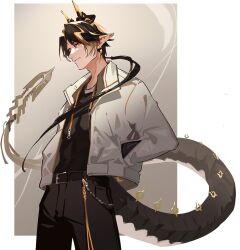 Rule 34 | 1boy, 3four, alternate costume, arknights, belt, black belt, black hair, black pants, black shirt, blonde hair, border, brown background, chong yue (arknights), commentary, cowboy shot, dragon boy, dragon horns, dragon tail, gradient background, hands in pockets, horns, jacket, male focus, pants, pointy ears, shirt, short hair, simple background, slit pupils, solo, symbol-only commentary, tail, white background, white jacket, yellow eyes