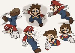 Rule 34 | 1boy, anger vein, blood, blue eyes, blue overalls, brown footwear, brown hair, facial hair, gloves, highres, mario, mario (series), mimimi (mimimim9999), multiple persona, mustache, nintendo, overalls, shirt, shoes, short hair, simple background, solo, white background, white gloves