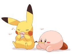 Rule 34 | :3, :t, biting, biting another&#039;s tail, closed eyes, creatures (company), crossover, eating, food, food art, food wrapper, game freak, gen 1 pokemon, holding, holding food, humming, kirby, kirby (series), misonikomiii, musical note, nintendo, no humans, pikachu, pokemon, pokemon (creature), simple background, sitting, tail, tail biting, white background