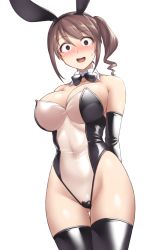 Rule 34 | 1girl, :d, animal ears, arms behind back, bare shoulders, black bow, black bowtie, black legwear, blush, bow, bowtie, breasts, brown hair, cleavage, covered navel, cowboy shot, detached collar, embarrassed, fake animal ears, fake tail, gluteal fold, hairband, highres, idolmaster, idolmaster cinderella girls, large breasts, leotard, looking at viewer, meme attire, mifune miyu, nose blush, open mouth, pataneet, playboy bunny, rabbit ears, ringed eyes, see-through, side ponytail, sidelocks, simple background, smile, solo, strapless, strapless leotard, sweatdrop, tail, thigh gap, translucent bunnysuit, white background, wide-eyed