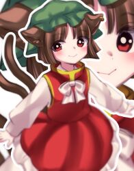 Rule 34 | 1girl, :&gt;, animal ear piercing, animal ears, blush, bob cut, bow, bowtie, brown hair, cat ears, cat tail, chen, closed mouth, commentary request, dress, earrings, flat chest, gold trim, green hat, hat, highres, jewelry, long sleeves, mob cap, multiple tails, nekomata, outline, parted bangs, petticoat, puffy long sleeves, puffy sleeves, red dress, red eyes, short hair, single earring, solo, tail, touhou, two tails, white bow, white bowtie, white outline, yuka yukiusa, zoom layer