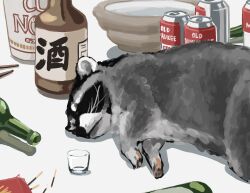Rule 34 | 1other, absurdres, animal, artist self-reference, beer bottle, beer can, can, drink can, glass, highres, nissin cup noodle, original, raccoon, sleeping, trashpanda 11b