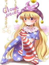 Rule 34 | 1girl, american flag dress, american flag legwear, american flag shirt, artistic error, bad id, bad pixiv id, blonde hair, blush, character name, clownpiece, dress, hat, highres, indo (mdtanaka2007), jester cap, knees together feet apart, long hair, looking at viewer, pantyhose, pink eyes, print dress, simple background, sitting, solo, star (symbol), striped clothes, striped dress, striped pantyhose, touhou, typo, v arms, very long hair