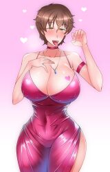 Rule 34 | 1girl, akiyama yoshiko, blush, breasts, brown hair, covered erect nipples, dress, fellatio gesture, girls und panzer, green eyes, hand on own chest, highres, huge breasts, jewelry, looking at viewer, mature female, necklace, open mouth, puni2brain, short hair, solo, tongue, tongue out