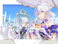 Rule 34 | 1boy, 1girl, aqua eyes, asymmetrical gloves, bare shoulders, blurry, blurry background, bracelet, brother and sister, cake, cheong1110, closed mouth, commentary, detached sleeves, dress, earrings, english commentary, facial mark, food, fork, gloves, halo, head wings, highres, holding, holding fork, holding plate, honkai: star rail, honkai (series), jewelry, long hair, looking at viewer, outdoors, plate, purple dress, robin (honkai: star rail), short sleeves, siblings, sitting, smile, sunday (honkai: star rail), two-tone dress, uneven gloves, white dress, white gloves, white wings, wings