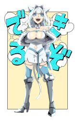 Rule 34 | 1girl, :d, animal ear fluff, animal ears, armored boots, arms under breasts, bare shoulders, blue bow, blue eyes, blue ribbon, blue thighhighs, boots, bow, breast cutout, breasts, capelet, cat ears, cat girl, cat tail, cleavage, clothing cutout, crossed arms, detached collar, dobrynya nikitich (fate), dobrynya nikitich (second ascension) (fate), dress, fangs, fate/grand order, fate (series), full body, fur-trimmed boots, fur-trimmed capelet, fur trim, hairband, highres, large breasts, long hair, looking at viewer, metal hairband, navel, navel cutout, open mouth, polka dot, ribbon, short dress, smile, solo, speech bubble, tail, thigh boots, thighhighs, thighlet, ttmaru 1739, white dress, white hair