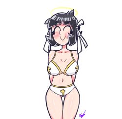 Rule 34 | 1girl, arms behind back, azazel (helltaker), bare shoulders, bikini, black hair, blunt bangs, blush, bob cut, bow, breasts, breasts apart, closed eyes, closed mouth, collarbone, cross, curvy, gluteal fold, hair bow, hair ornament, halo, helltaker, kozatchu, medium breasts, navel, ribbon, short hair, sidelocks, signature, simple background, smile, solo, standing, swimsuit, thighs, white background, white bikini, white bow, white ribbon