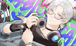 Rule 34 | 1boy, black choker, choker, closed mouth, glasses, grey jacket, headphones, headphones around neck, highres, jacket, long sleeves, looking at viewer, short hair, smile, solo, tears of themis, vyn richter (tears of themis), white hair, xeiling, yellow eyes