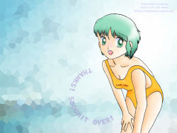 Rule 34 | 00s, 1980s (style), 1girl, 2001, artist request, blue background, breasts, cleavage, clothes writing, collarbone, dated, green eyes, green hair, july, leaning forward, looking at viewer, magical girl, mahou no tenshi creamy mami, morisawa yuu, oldschool, one-piece swimsuit, open mouth, orange one-piece swimsuit, print swimsuit, retro artstyle, short hair, small breasts, smile, star (symbol), star print, swimsuit