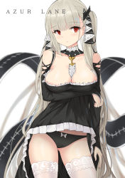 Rule 34 | 1girl, absurdres, azur lane, bare shoulders, black panties, blurry, bow, breast hold, breasts, cameltoe, cleavage, closed mouth, collarbone, copyright name, cowboy shot, detached collar, dress, flight deck, formidable (azur lane), frilled dress, frills, gluteal fold, grey hair, hair bow, highres, large breasts, long hair, long sleeves, looking at viewer, panties, qianqiu wanxia, red eyes, simple background, solo, standing, thighhighs, twintails, underwear, very long hair, white background, white thighhighs