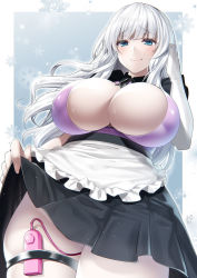 Rule 34 | 1girl, apron, black skirt, blue eyes, border, breasts, cleavage, closed mouth, clothes lift, commentary request, covered erect nipples, dress, elbow gloves, from below, gloves, highres, large breasts, long hair, maid, maid apron, miniskirt, original, pale skin, pleated skirt, remote control vibrator, sex toy, silver hair, skirt, skirt lift, smile, suzuki nene, thigh strap, thighs, vibrator, vibrator under clothes, white border