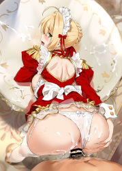 Rule 34 | 1boy, 1girl, ahoge, anus, ass, ass grab, back, back cutout, bar censor, bent over, blonde hair, blush, bow, bow panties, braid, breast press, breasts, censored, clothed female nude male, clothing aside, clothing cutout, commentary request, cum, cum in pussy, cum on ass, cum on body, cum on lower body, doggystyle, dress, epaulettes, fate/extra, fate/grand order, fate (series), french braid, frills, furrowed brow, garter belt, garter straps, green eyes, hair intakes, hair ribbon, hetero, high heels, highleg, highleg panties, large breasts, long sleeves, looking at viewer, looking back, maid headdress, nero claudius (fate), nero claudius (fate) (all), nero claudius (fate/extra), nude, open mouth, panties, panties aside, penis, pubic hair, puffy long sleeves, puffy sleeves, red dress, ribbon, sex, sex from behind, sidelocks, solo focus, spread ass, standing, string panties, sweat, thighhighs, underwear, vaginal, white panties, white thighhighs, yd (orange maru)