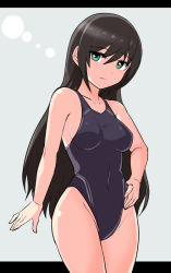 Rule 34 | 1girl, black hair, black one-piece swimsuit, breasts, closed mouth, commentary, competition swimsuit, cougar (cougar1404), covered navel, green eyes, grey background, hand on own hip, letterboxed, light smile, long hair, looking at viewer, medium breasts, one-piece swimsuit, original, simple background, solo, standing, swimsuit