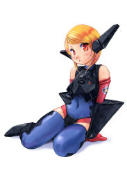 Rule 34 | 1girl, aircraft, airplane, armor, blonde hair, boots, bracer, carina (xiaowoo), elbow gloves, fighter jet, gloves, jet, leotard, mecha musume, military, military vehicle, navel, orange eyes, short hair, skin tight, solo, thighhighs