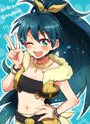 Rule 34 | 1girl, bad id, bad pixiv id, black hair, blue eyes, bracelet, character name, ganaha hibiki, hand on own hip, idolmaster, idolmaster (classic), jewelry, long hair, necklace, one eye closed, ponytail, popoin, ribbon, smile, solo, star (symbol), v, wink