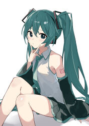Rule 34 | 1girl, aqua eyes, aqua hair, aqua necktie, bare legs, bare shoulders, black skirt, black sleeves, breasts, closed mouth, collared shirt, detached sleeves, grey shirt, hair between eyes, hair ornament, hatsune miku, headphones, highres, light blush, long hair, looking at viewer, necktie, number tattoo, pleated skirt, rakugaki ningen, shirt, shoulder tattoo, sitting, skirt, sleeveless, sleeveless shirt, small breasts, solo, tattoo, twintails, v, very long hair, vocaloid, white background, wide sleeves