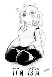 Rule 34 | 1girl, ?, animal ears, confused, dated, detached sleeves, dog ears, greyscale, inubashiri momiji, lap, looking at viewer, monochrome, number pun, pom pom (clothes), seiza, simple background, sitting, skirt, solo, sweatdrop, tail, taurine 8000mg, thighhighs, touhou, translated, twitter username, white background, white hair