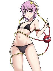 Rule 34 | 1girl, bikini, black bikini, breasts, cleavage, closed mouth, commentary, ehehe52921343, groin, heart, highres, index finger raised, komeiji satori, korean commentary, looking at viewer, navel, pink eyes, pink hair, simple background, small breasts, solo, swimsuit, third eye, touhou, white background